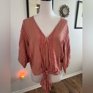 Love Stitch Tie Front 3/4 Sleeve Boho Top